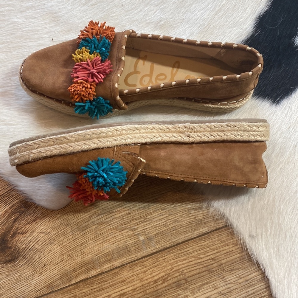 Sam Edelman Issa Espadrille flats in brown suede with multi-colored pom-poms - Picture 9 of 12